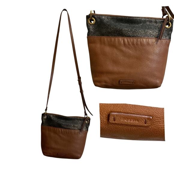 Vintage 90s FOSSIL Black Glitter Suede & Brown Leather Crossbody - Picture 1 of 11